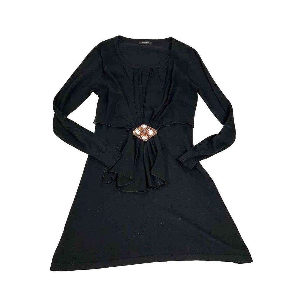Kerisma Cashmere Sweater Dress Embellished Medium Black Soft Tunic Ruched Chic